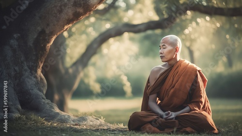 Portrait Buddhist monks praying and meditating, Generative AI
