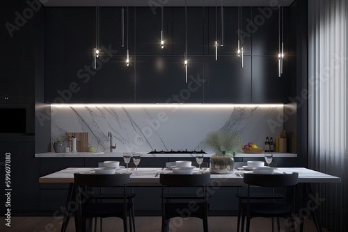 modern kitchen with sleek black chairs and a luxurious marble counter top Generative AI