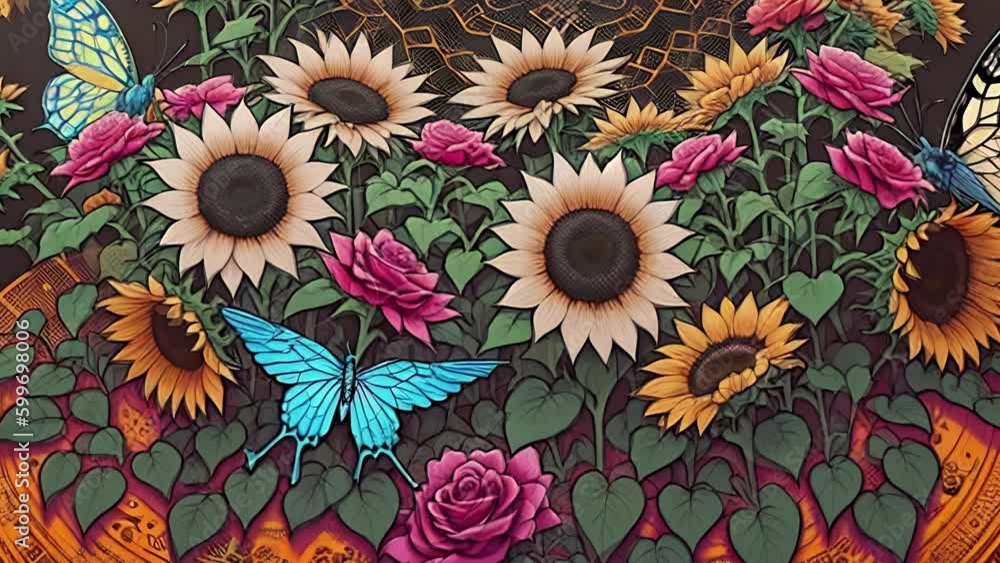 Vintage flowers animation with sunflowers. Floral background with lot