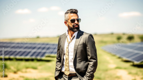  In the sun's embrace, a 45-year-old Brazilian businessman gazes over his solar farm, suited up and donning sunglasses, pride swelling as panels gleam. Generative AI © neo