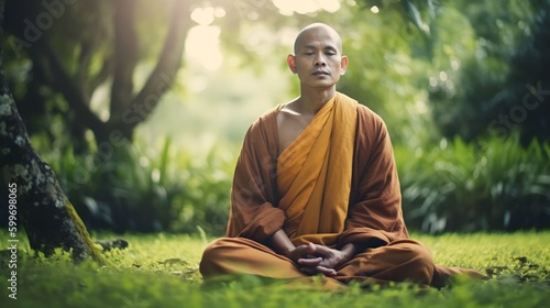 Portrait Buddhist monks praying and meditating, Generative AI