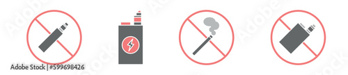 Stop smoking modern icon set, vaping ban concept, banned e-cigarette icons, electronic cigarette emblems, no smoking badge symbols isolated on white background