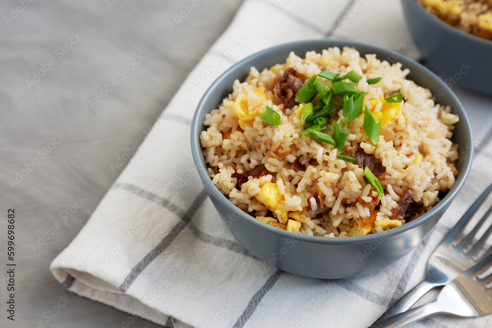 Homemade Fried Rice with Bacon and Egg in a Bowl, side view. Space for text. Homemade Fried Rice with Bacon and Egg in a Bowl, side view. Space for text.