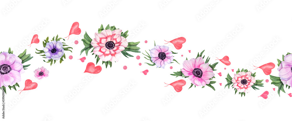 Watercolor seamless illustration with anemones and hearts isolated on white background. For postcard design, invitation template, Valentine day, birthday, mother day cards, wedding invitation