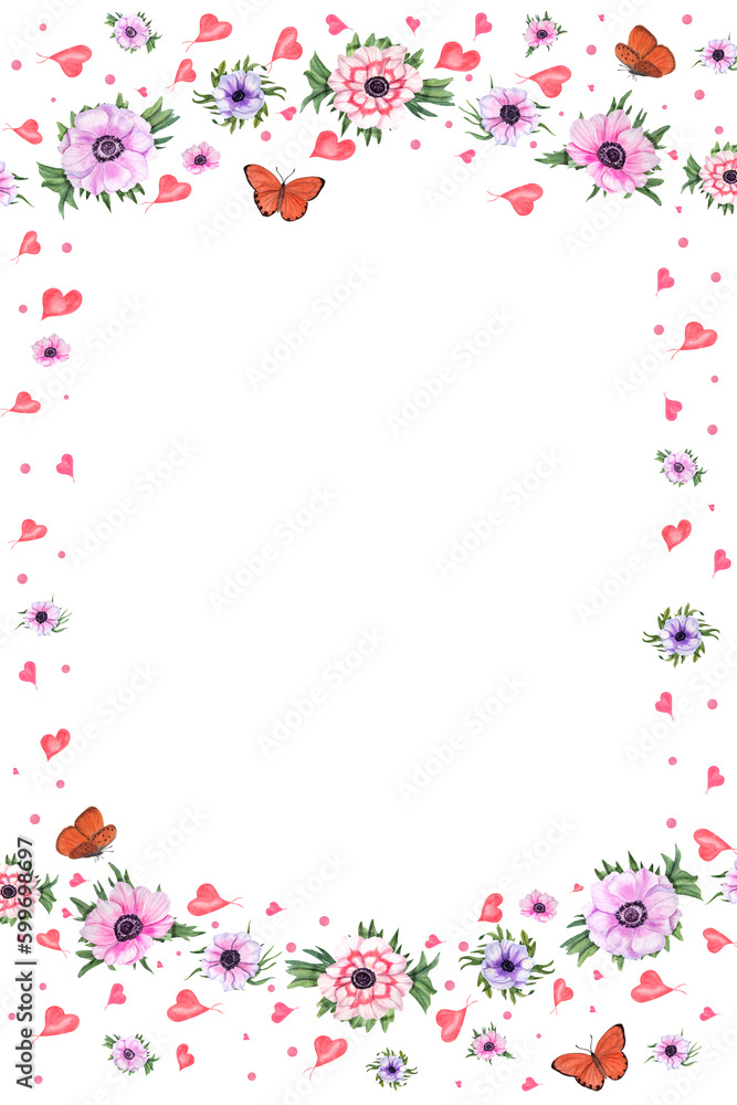 Watercolor celebration restangle frame with anemones, butterflies, hearts isolated on white background . Illustration for greeting, birthday card design, invitation template, prints, party decoration