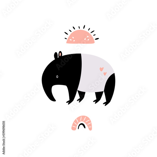 Hand drawn vector illustration of tapir, sun and rainbow