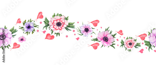 Watercolor seamless illustration with anemones and hearts isolated on white background. For postcard design, invitation template, Valentine day, birthday, mother day cards, wedding invitation