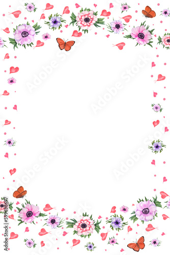 Watercolor celebration restangle frame with anemones, butterflies, hearts isolated on white background . Illustration for greeting, birthday card design, invitation template, prints, party decoration