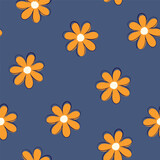 yellow flower on blue navy  background seamless pattern. simple daisy flowers print in dusty summer colors