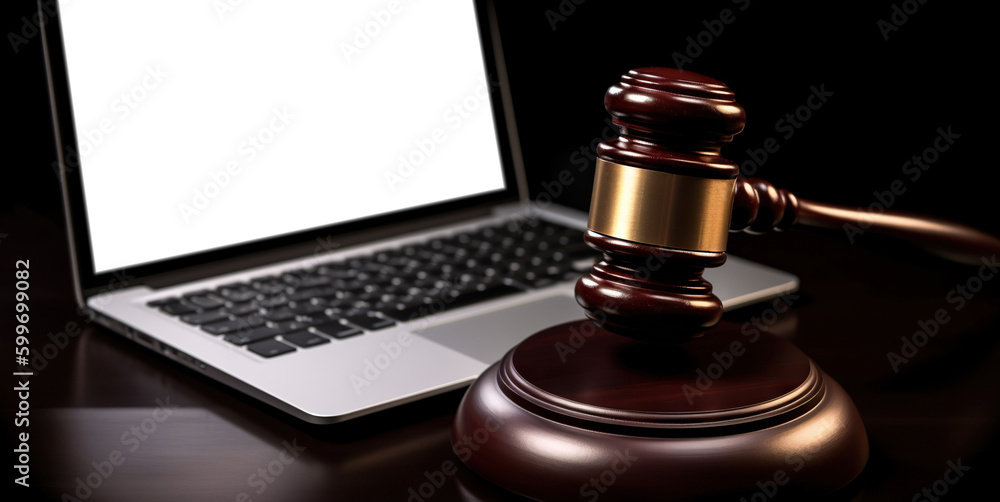 Judge's gavel and laptop with cut out screen on dark background of judge's or lawyer's office. Copy space. Based on Generative AI Judge's gavel and laptop with cut out screen on dark background of judge's or lawyer's office. Copy space. Based on Generative AI