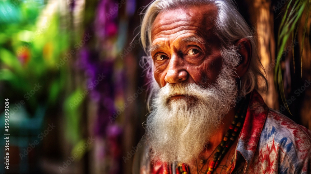 Portrait of Aged Creole man, 75, stands tired, gray hair, long beard, by worn colorful building, amidst lush plants. Sunlight weaves shadows on his weathered face. Generative AI