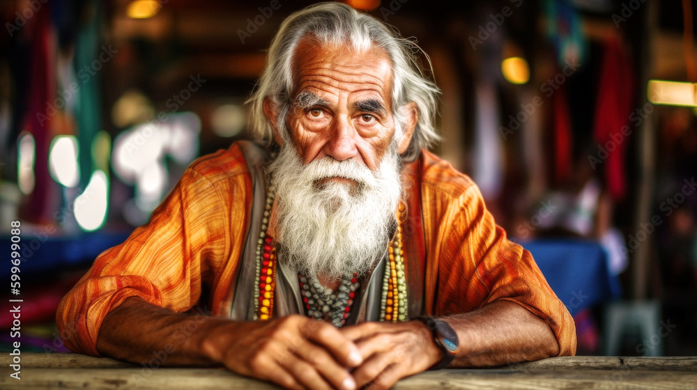 Portrait of Aged Creole man, 75, stands tired, gray hair, long beard, by worn colorful building, amidst lush plants. Sunlight weaves shadows on his weathered face. Generative AI