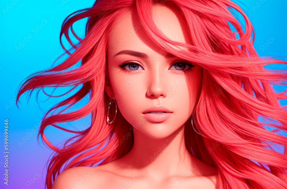 Portrait of a beautiful young woman with long pink hair. Generative AI. Portrait of a beautiful young woman with long pink hair. Generative AI.