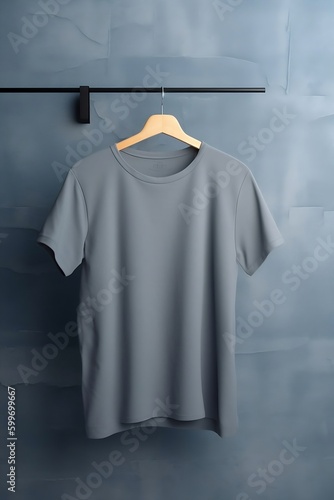 Empty gray t-shirt hanging on blue wall background. Product design and presentation concept, Generative Ai.