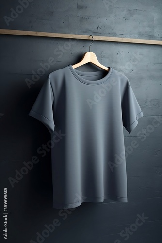 Empty gray t-shirt hanging on blue wall background. Product design and presentation concept, Generative Ai.