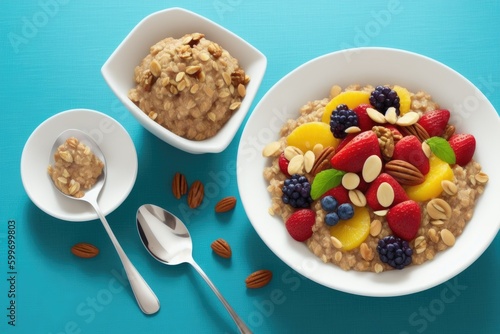 Homemade oatmeal with berries and nuts, rasty and healthy food, generative ai, solid background with copyspace