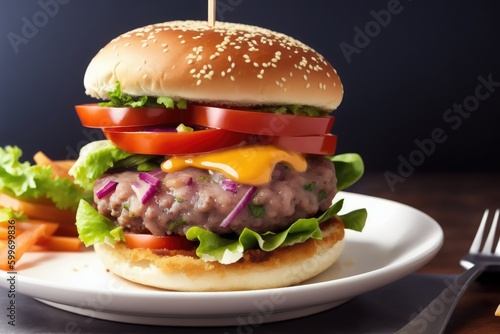 Craft beef burger with cheddar, bacon, lettuce and sauce, generative ai, on plate and wooden background