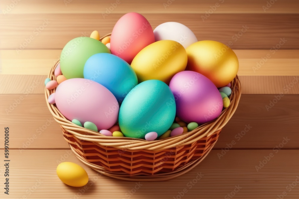 Easter eggs in the nest on rustic wooden background, generative ai, copyspace for text