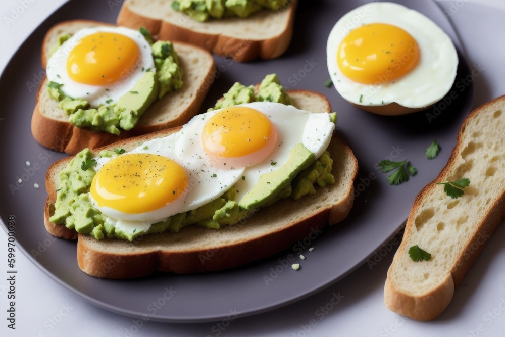 Avocado toast with poached egg on a wooden board, generative ai, healthy food. Breakfast concept. Avocado toast with poached egg on a wooden board, generative ai, healthy food. Breakfast concept.