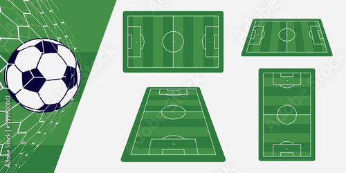 Football field with football bal scores goal. Soccer pitch scheme top, side and perspective view. Realistic european football court or stadium with green grass vector set