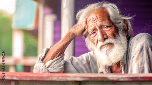 Portrait of Aged Creole man, 75, stands tired, gray hair, long beard, by worn colorful building, amidst lush plants. Sunlight weaves shadows on his weathered face. Generative AI