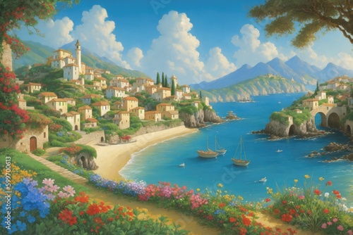 Cartoon painting of an old village near the ocean, generative ai