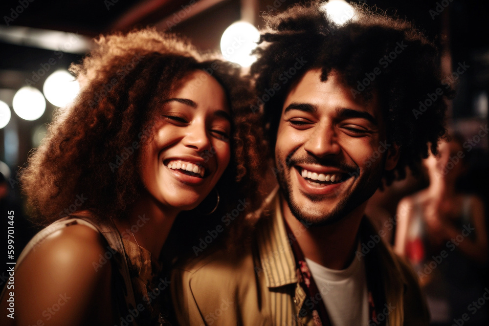 In a lively NYC club, a joyful mixed race couple danced the night away, their laughter and chemistry lighting up the room amidst pulsating music. Generative AI In a lively NYC club, a joyful mixed race couple danced the night away, their laughter and chemistry lighting up the room amidst pulsating music. Generative AI