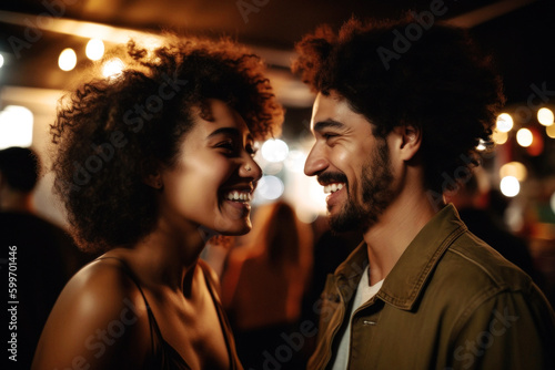 In a lively NYC club, a joyful mixed race couple danced the night away, their laughter and chemistry lighting up the room amidst pulsating music. Generative AI