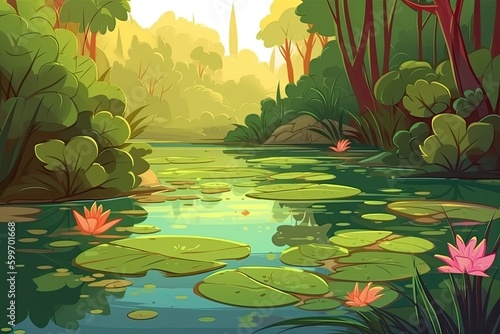 serene pond scene with lily pads and soft reflections Generative AI