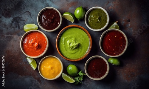  a group of different sauces with limes and limes.  generative ai