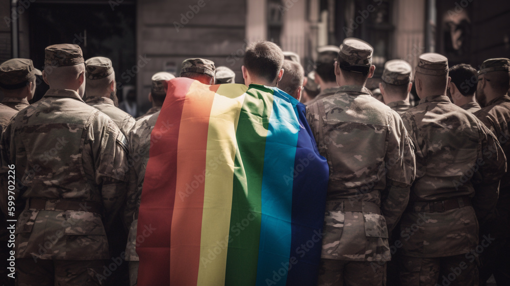Fototapeta premium Military celebrating LGTBI Pride Day. Soldiers with LGTBI flag. Celebration LGTBI. Image generated by AI.
