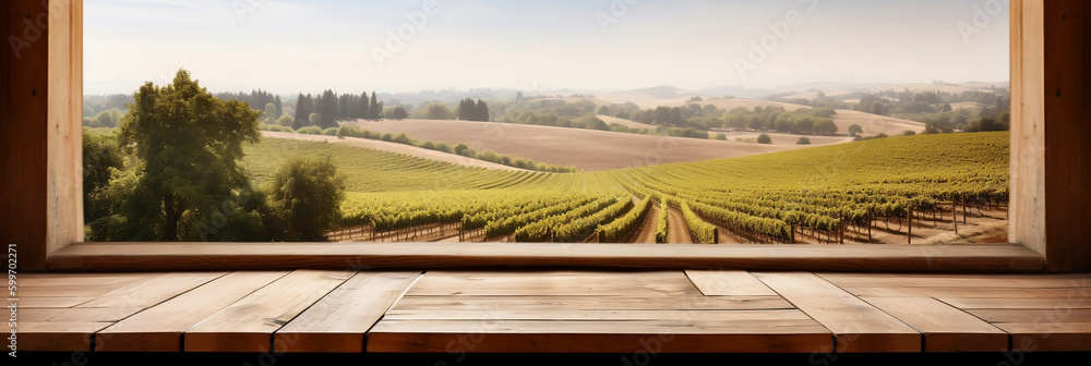 Empty wooden table, vineyard view out of open window, template for product presentation, generative ai Empty wooden table, vineyard view out of open window, template for product presentation, generative ai