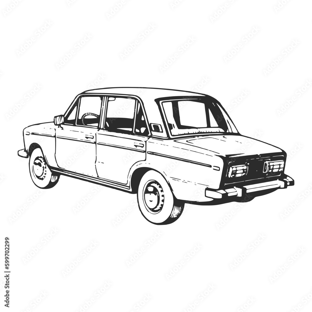Soviet era old car. Lada VAZ Zhiguli model. Hand drawn ink vector illustration. Sketch vector drawing.