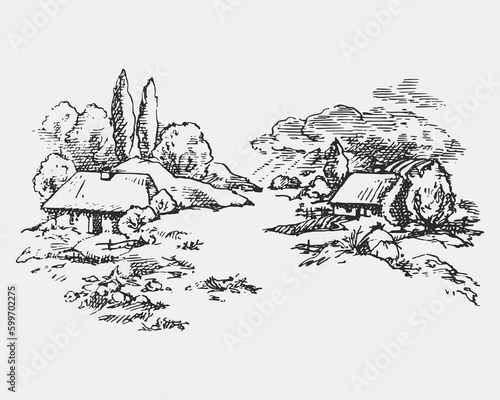 Village landscape in rustic style. Rural nature background. Beautiful panorama of countryside. Hand drawn ink illustration. Sketch vector drawing.
