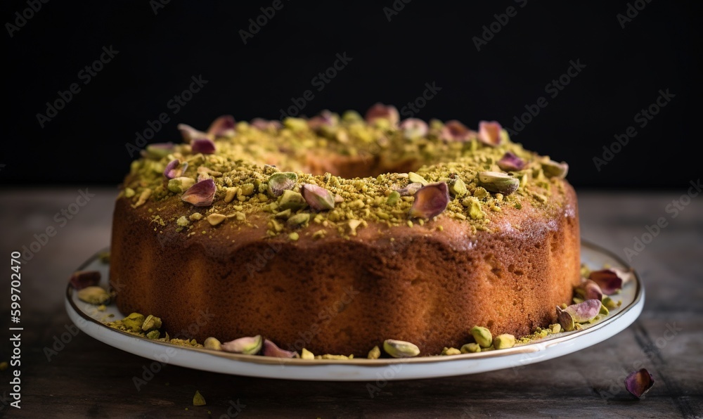 a cake on a plate with pistachios on top.  generative ai