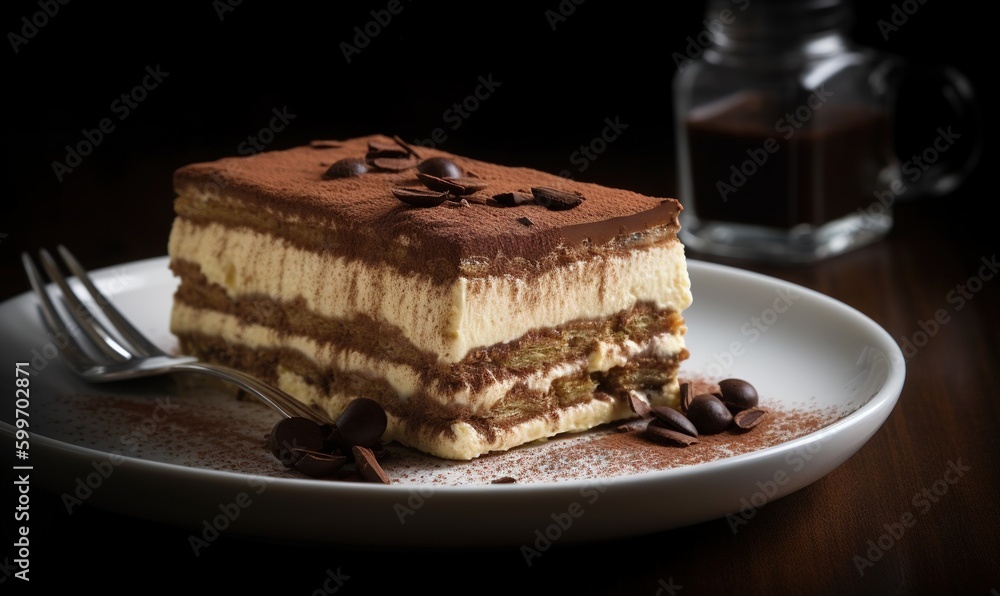 a piece of cake on a white plate with chocolate chips. generative ai a piece of cake on a white plate with chocolate chips. generative ai