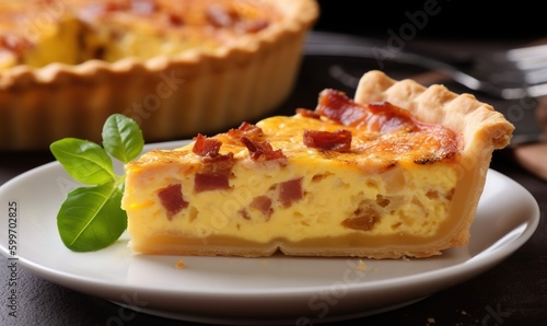  a slice of quiche on a plate with a fork.  generative ai © Anna