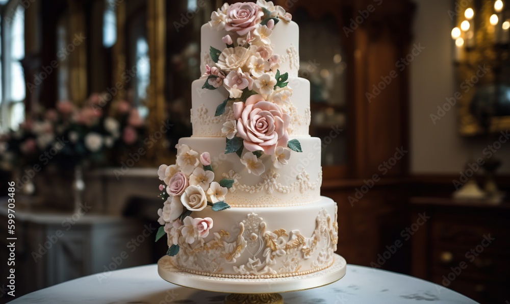 a three tiered wedding cake with pink flowers on it. generative ai a three tiered wedding cake with pink flowers on it. generative ai