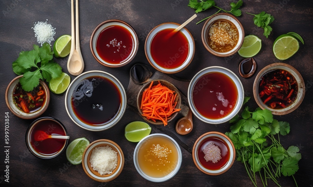 a variety of sauces and condiments on a table. generative ai a variety of sauces and condiments on a table. generative ai