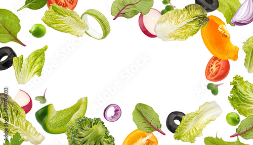 Fresh salad leaves, mix of cut vegetables, frame of healthy food ingredients