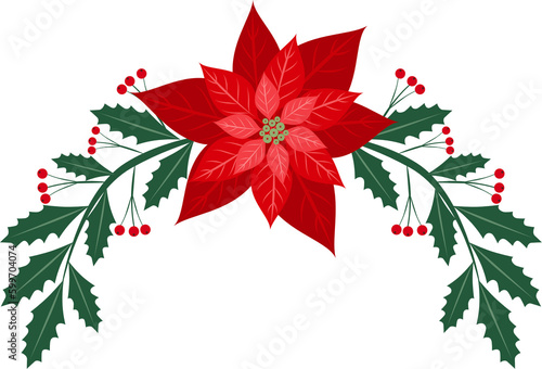 Poinsettia with holly branch illustration . Christmas element. Flat design.