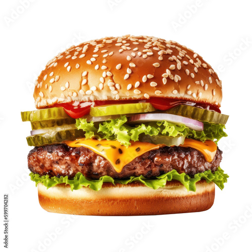 Beef burger isolated. Illustration AI Generative. © ArtCookStudio