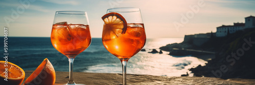 Refreshing seaside aperol spritz, classic italian aperitif cocktail with stunning beach view, perfect for a relaxing vacation, generative ai