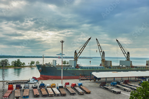 Bulk Carrier  ship at industrial commercial port in import export, Port Moín, Costa Rica, boat business commerce logistic and transportation of international freith