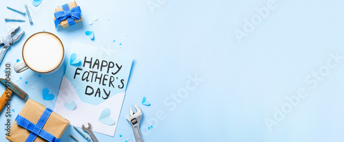 Happy Father's Day Concept, Greeting card, Father's Day Breakfast with morning coffee, gift boxes, letter on light blue background