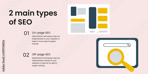 On-page and Off-page Types of SEO Banner on Light Background. Stylish SEO Banner with Black Text and Colored Illustrations for Business