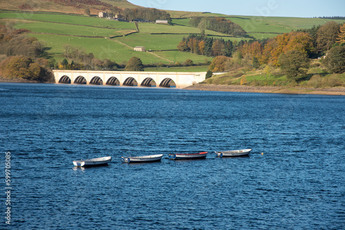 The two viaducts, Ashopton and Ladybower, needed to carry the trunk roads over the reservoir at UK photo