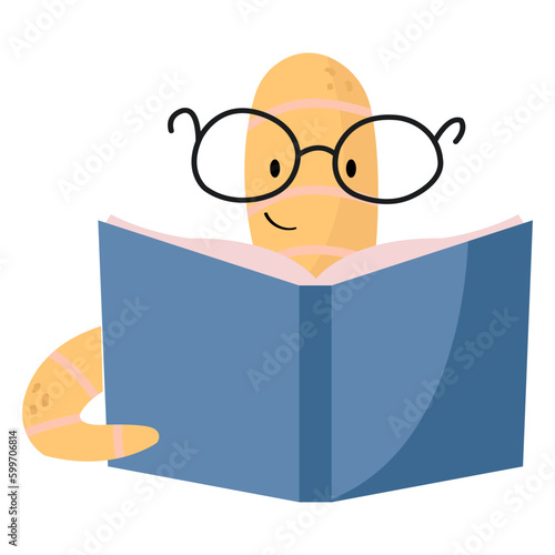 Cute cartoon style bookworm with doodle glasses.