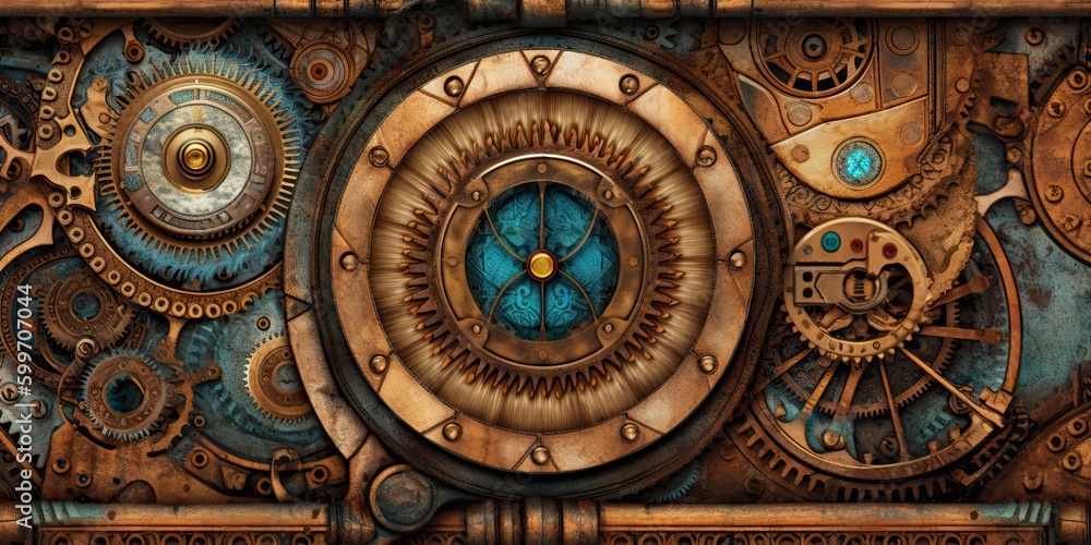 Steampunk background made of brass with an eye-looking feature - generative AI art