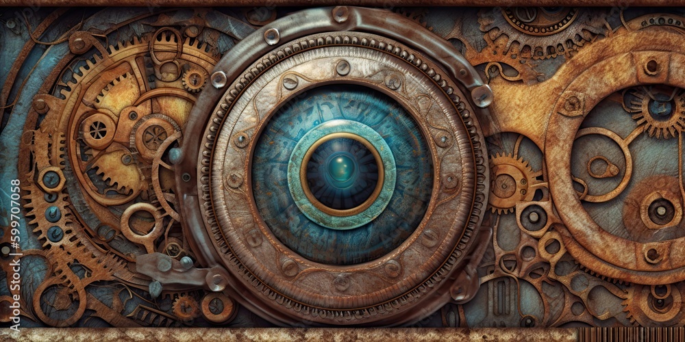 Steampunk background made of brass with gears and an eye-type feature for presentation generative AI Art Steampunk background made of brass with gears and an eye-type feature for presentation generative AI Art